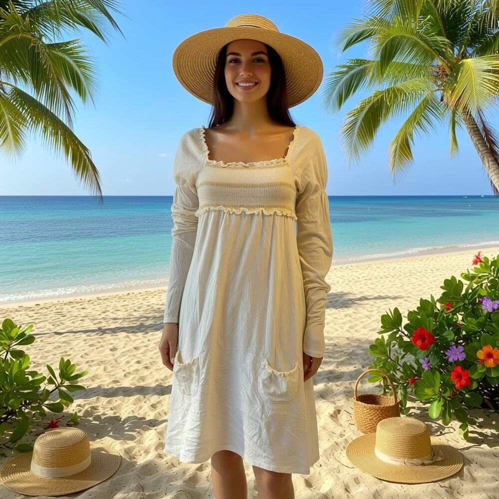 Vintage 90s RubyMoon Smock Top Dress Long Puff Sleeves Beige Cotton Soft Women M